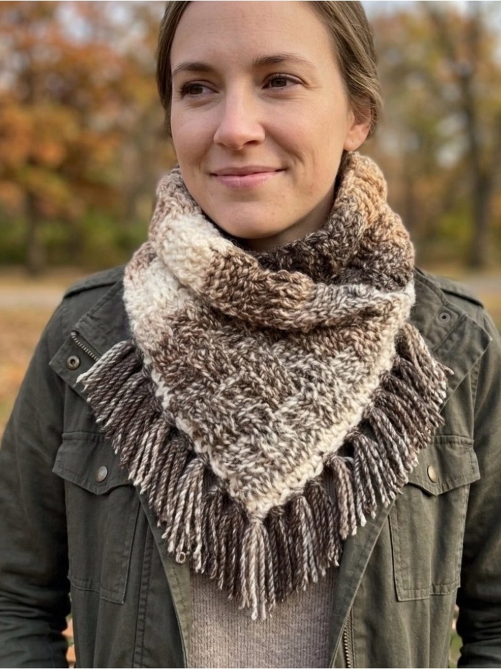 Hand Crafted Brown Gradient Crocheted Cowl with Fringe